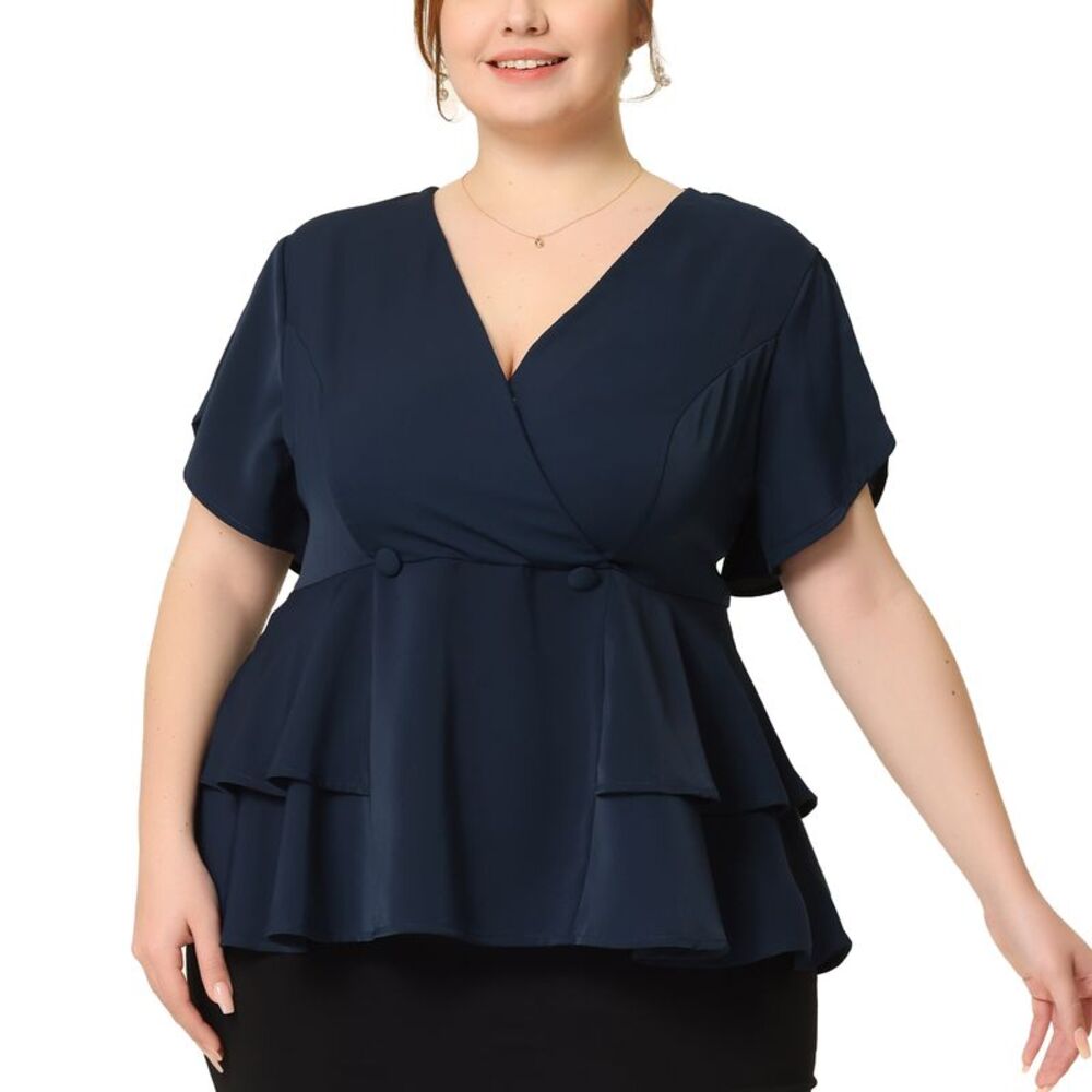 Plus Size Peplum Top V Neck Ruffle Hem Buttons Front Blazer Navy Blue